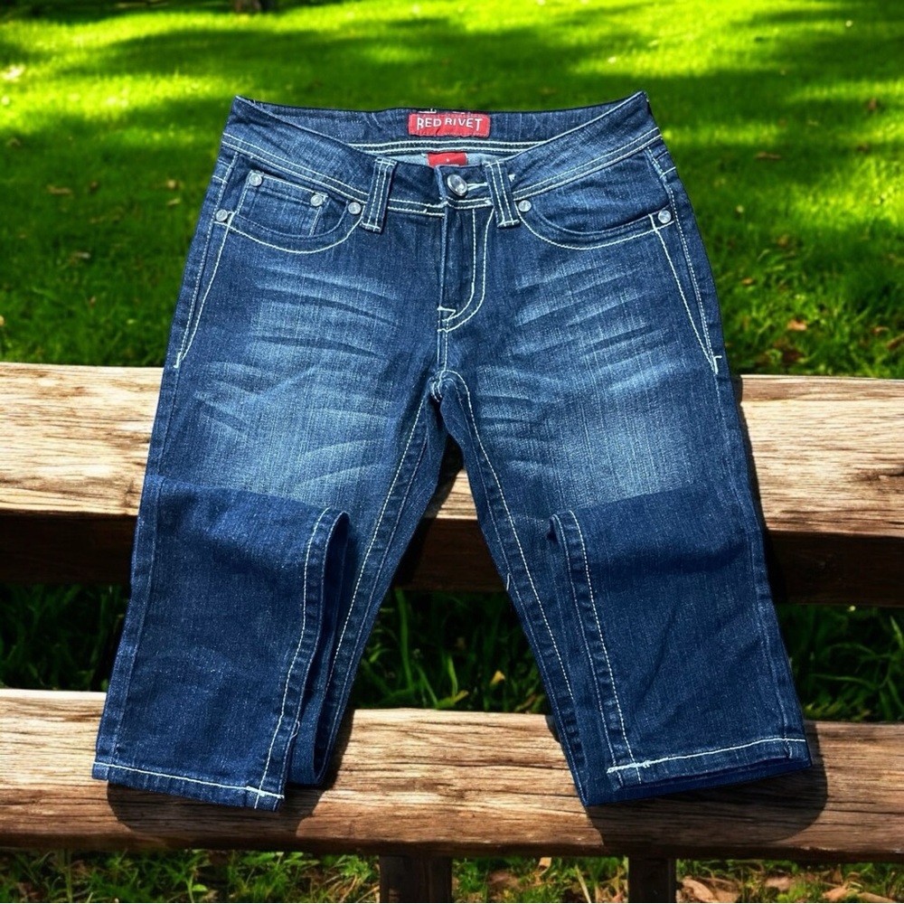 Red Rivet Gothic Heart Cross Pockets Dark Wash Low Rise Junior Skinny Jeans Sz 5